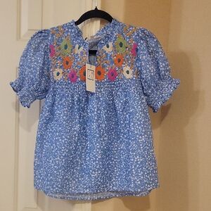 THML Blue Blouse with Floral Embroidery